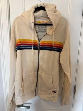 Aviator Nation Full Zip Hoodie - Cream with Yellow, Orange, Red and Navy Stripes